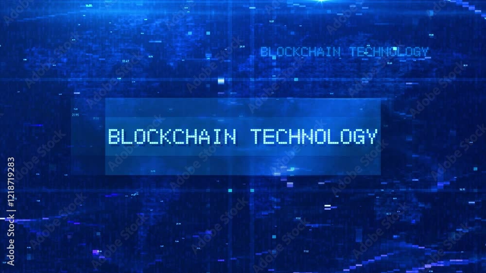 Poster blockchain technology digital text animation over futuristic world map and hud effects