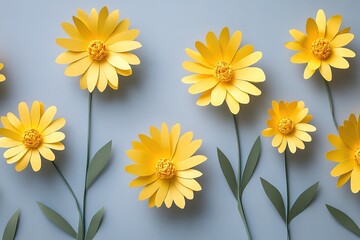 Two vibrant yellow paper flowers on a gray background