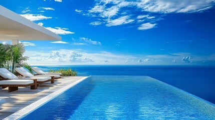 Fototapeta premium Beautifull luxury swimming pool near beach front with amazing ocean view and deck chairs at sunny day