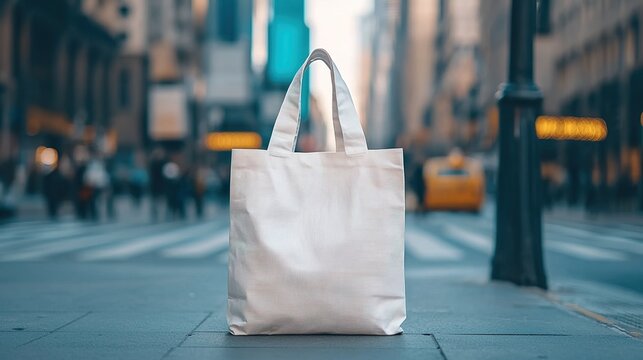 Urban environment action reusable ecobag on city sidewalk gigapixel scale vibrant street view