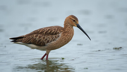 A brown bird with Long beak walking in water.