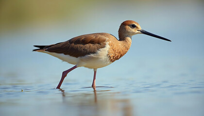 Obraz premium A brown bird with Long beak walking in water.