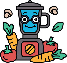 A cartoon blender with a smiling face and a bunch of vegetables on top of it