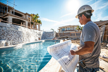Construction supervisor examining blueprint by swimming pool at residential building site