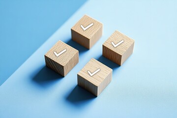 Checklist concept Check mark on wooden blocks blue background with copy space