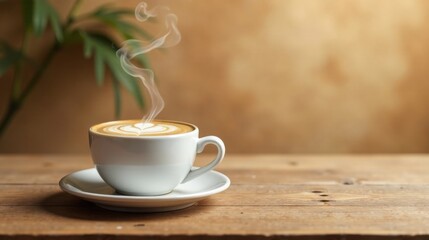 Obraz premium Aromatic Steam Rising from a Cup of Latte Art on Rustic Wood