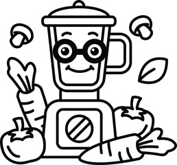 A cartoon blender with a smiling face and a bunch of vegetables on top of it