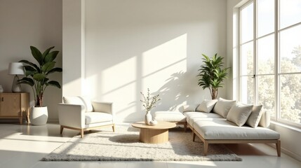 Fototapeta premium Serene Living Room with Minimalist Furniture and Abundant Natural Light Streaming Through a Large Window