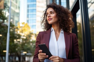 European business woman manager using cell phone mobile app standing outdoors at office. Latin Hispanic young female businesswoman freelancer working on smartphone looking aside dreaming.