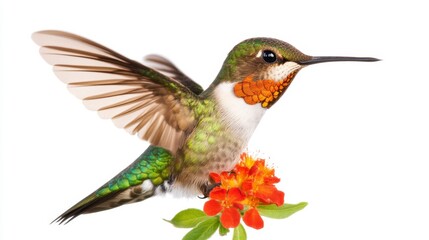 Fototapeta premium Vibrant Hummingbird Hovering Near a Red Flower
