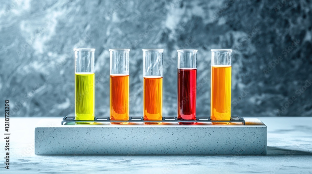 Poster innovative laboratory action colorful liquids in test tube rack precise arrangement modern environme