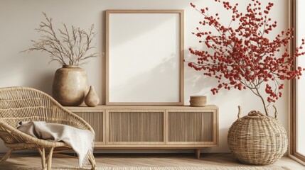 Cozy and Minimalist Interior with Wicker Furniture and Dried Plants