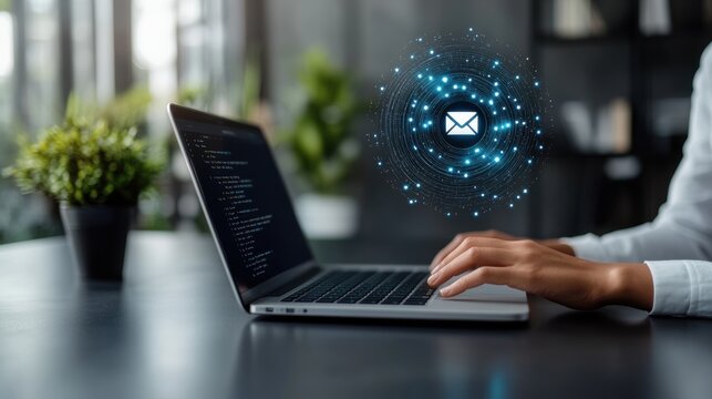 Creative workspace with email notification concept and laptop usage - Powered by Adobe