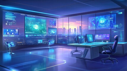 Futuristic Cityscape Control Room Monitoring System