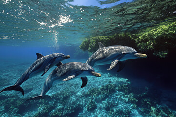 Fototapeta premium dolphins underwater near a coral reef