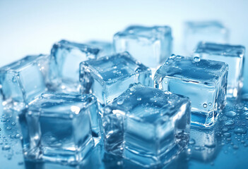 Melting Ice cubes with water drops on a table. Clear ice  in cube shape. Frozen water. Ice maker. Fake or Artificial acrylic or plastic ice cubes.  White light blue background.