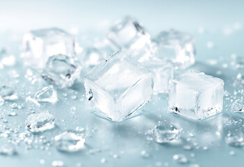Obraz premium Melting Ice cubes with water drops on a table. Clear ice in cube shape. Frozen water. Ice maker. Fake or Artificial acrylic or plastic ice cubes. White light blue background.