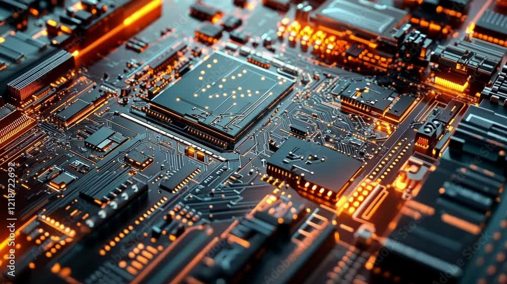 Poster close up view of a cpu processing data on a motherboard, illuminated by orange lights, highlighting 