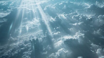 A fantastical realm featuring celestial light beams shining through ethereal floating clouds, casting a magical glow on the land below, 8k UHD, suitable for high-quality printing or digital 
