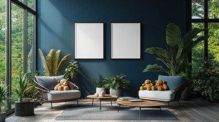 Cozy Living Room with Greenery and Blank Frames for Art Display