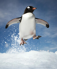 Fototapeta premium A penguin chick tripping over its own feet, landing softly in the snow.