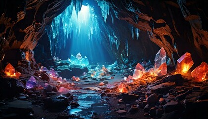 cave filled with glittering gemstones and mysterious light.- 