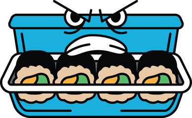 A cartoon character is holding a tray of sushi and is angry