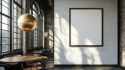Modern Cafe Interior with Empty Frame and Stylish Lighting Design