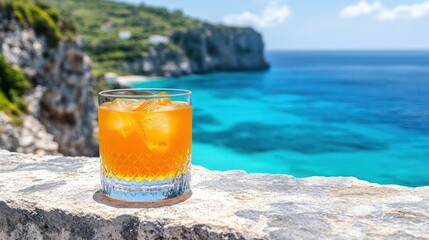 Obraz premium Orange cocktail on rocks, seaside cliff, turquoise water, vacation