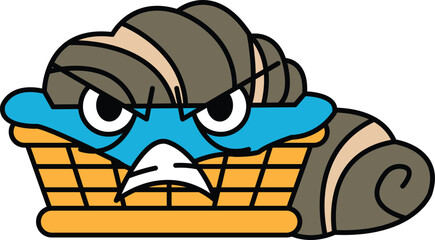 A Croissant Bread cartoon character with a scowl on its face is sitting in a basket