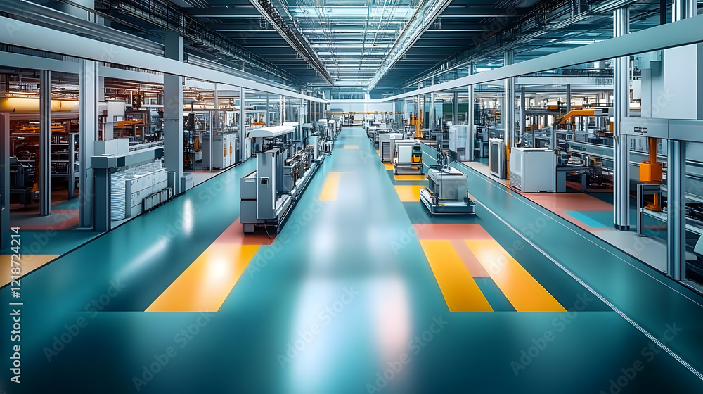 Poster a modern factory floor with automated processes and efficient production lines generative ai