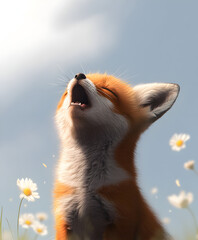A fox cub sneezing while sitting in a meadow, with flowers scattering in the air.


