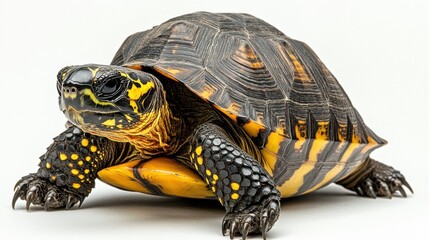 Fototapeta premium Colorful Turtle with Striped Shell Crawling on White Background