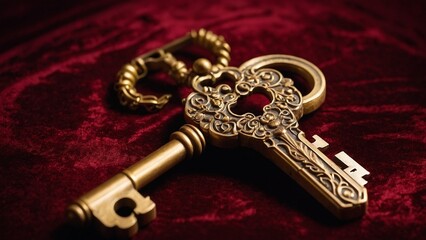 A vintage golden key with elaborate decorations and timeless charm lies on a rich crimson velvet background. This sophisticated key represents elegance and mystery.
