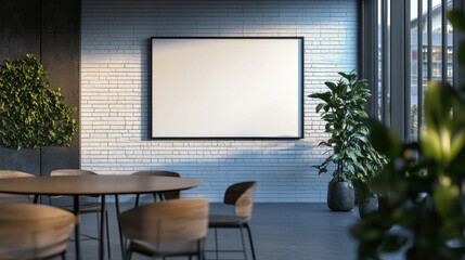Modern Meeting Room with Blank Screen and Green Plants