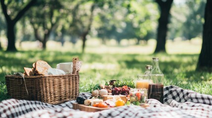 Picnic setup in a park. Featuring a picnic basket, blanket, and food items. Highlighting the leisure activity of picnicking. Ideal for lifestyle blogs.