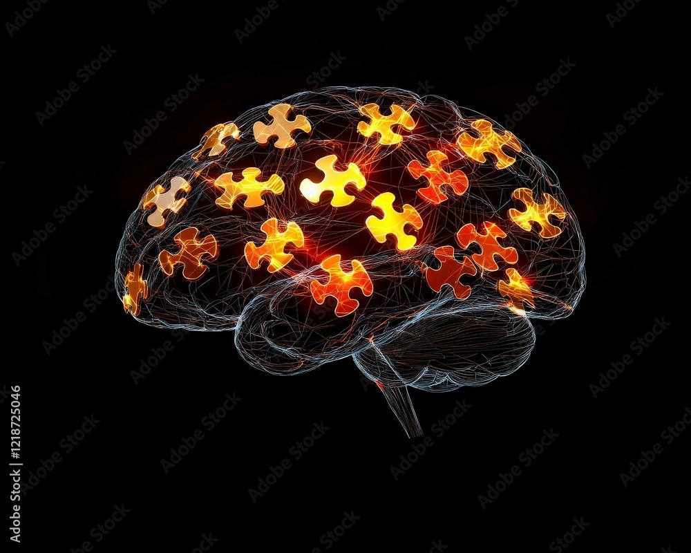 Poster brain silhouette illuminated dynamically by interconnected puzzle shapes