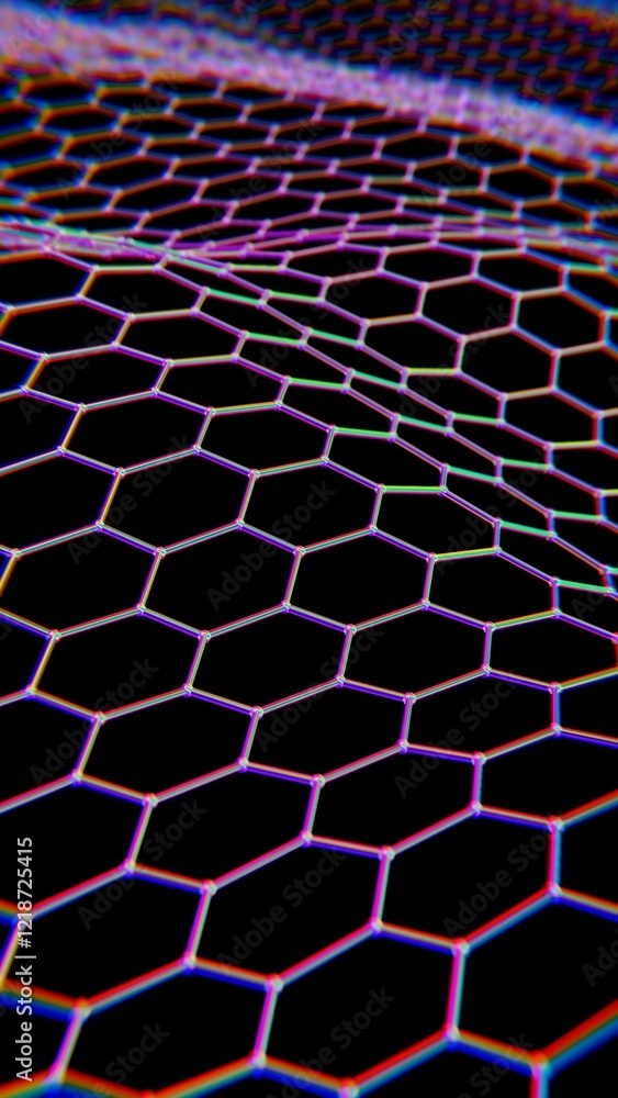 Poster Vibrant Hexagonal Mesh with Rainbow Glitch Effect on Black Background..