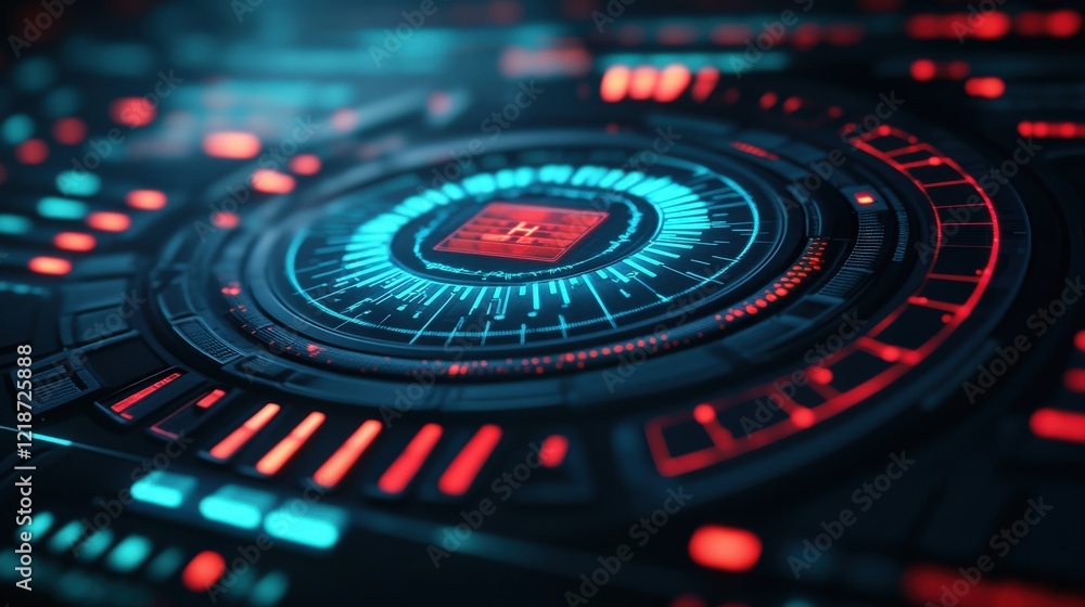 Poster abstract futuristic digital technology interface with glowing red and blue elements on a dark backgr