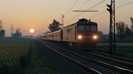 Scenic Sunset View of Train Traveling Through Lush Fields with Beautiful Sky Colors, Enhancing the Peaceful Journey and Nature's Splendor in Motion