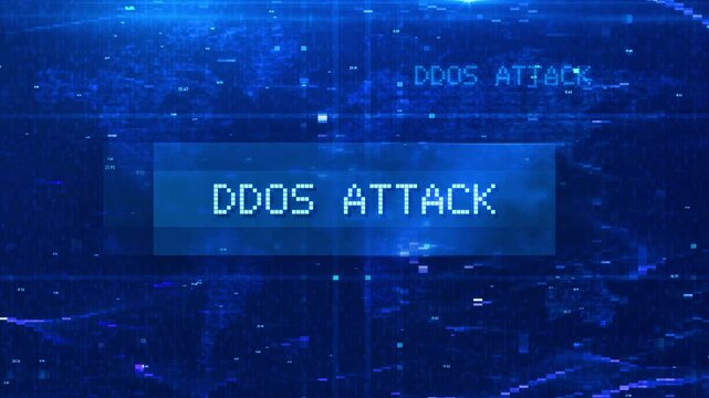 DDOS Attack Digital Text Animation over Futuristic World Map and HUD Effects
