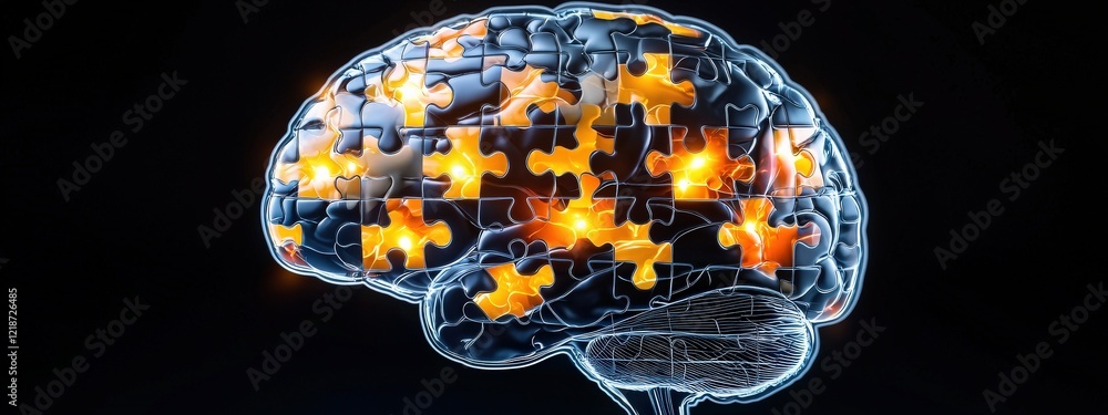 Poster brain silhouette illuminated dynamically with puzzle patterns glowing softly