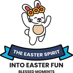 A bunny with flowers on its head is jumping in the air