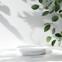 White product display podium with shadow nature leaves on white background