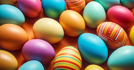 Naklejka premium Vibrant collection of colorful Easter eggs arranged in a close-up, flat-lay style. Cheerful and festive atmosphere, perfect for Easter celebrations, spring themes and holiday-related projects.