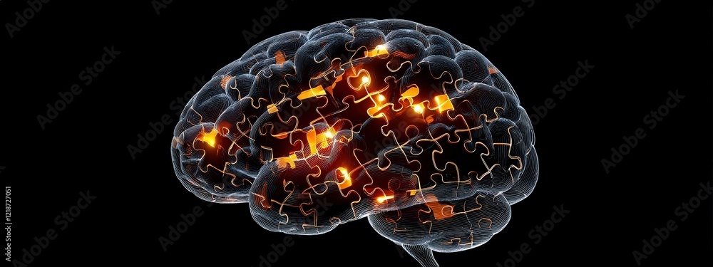 Poster brain silhouette illuminated dynamically with puzzle patterns glowing softly