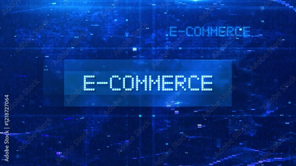 Aufkleber e-commerce digital text animation over futuristic world map and hud effects