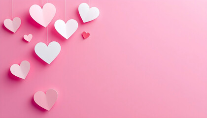 A warm and inviting design featuring soft pink and red paper hearts placed on a pastel backdrop for a romantic feel