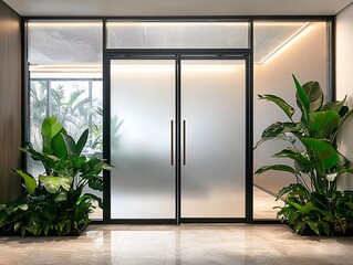 A sleek office entrance featuring frosted glass doors, with lush greenery creating a professional yet welcoming atmosphere for visitors.