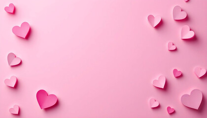 Paper hearts in various shades of pink and red on a soft pink background creating a romantic and heartfelt design